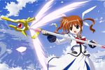  blue_sky bow casing_ejection cloud day energy_wings fingerless_gloves gloves hair_ribbon izuno_kenta lyrical_nanoha magazine_(weapon) magical_girl mahou_shoujo_lyrical_nanoha mahou_shoujo_lyrical_nanoha_a's open_mouth planet purple_eyes raising_heart red_bow red_hair ribbon shell_casing short_twintails sky solo takamachi_nanoha twintails 