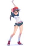  buruma copyright_request double_vertical_stripe full_body gym_uniform hat ponytail raglan_sleeves simple_background socks solo stretch weno 