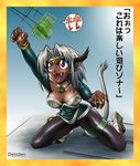  :3 aisha_clanclan animal_ears aqua_eyes bell blush_stickers bracelet braid breasts cat_ears cat_tail cat_teaser circlet cleavage dark_skin denden_(dot_collector) fangs jewelry large_breasts long_hair open_mouth outlaw_star silver_hair single_braid solo tail translation_request 