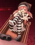  armchair black_panties brown_eyes brown_hair chair christmas crossed_legs fang feet foreshortening hands hat merry_christmas open_mouth original outstretched_arm panties raise_(ryo) reaching red_hair ryo shoes single_shoe sitting soles solo striped striped_legwear thighhighs twintails underwear 