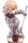  armor ass black_panties blue_eyes checkered earrings face from_behind gauntlets human_(lineage_2) jewelry jpeg_artifacts kyo_(kuroichigo) lineage lineage_2 looking_back orange_hair panties sheath short_hair short_twintails simple_background solo sword twintails underwear unsheathing weapon 
