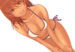  bikini breasts brown_eyes brown_hair dark_skin dutch_angle earrings hands_on_thighs jewelry kiriman_(souldeep) large_breasts leaning_forward long_hair open_mouth original side-tie_bikini smile solo swimsuit 