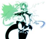  1girl asymmetrical_wings blue bow dizzy gradient green guilty_gear hair_bow monochrome simple_background solo tail thighhighs white_background wings 