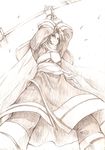  arms_up benawi brown cloak cowboy_shot foreshortening from_below kusakami_akira long_sleeves male_focus monochrome sash simple_background solo standing utawareru_mono white_background 