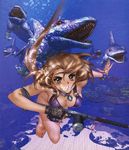  barefoot breasts brown_hair bubble cleavage copyright_request fingerless_gloves freediving gloves harpoon_gun large_breasts o-ring o-ring_top parted_lips shirou_masamune solo swimming swimsuit underwater watch water weapon wristwatch 