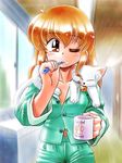  brown_eyes brushing_teeth cat one_eye_closed orange_hair original pajamas toothbrush zan_nekotama 