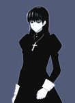  alternate_costume alternate_hairstyle bangs black_lagoon cross cross_necklace dress gothic jewelry long_hair necklace roberta_(black_lagoon) serious simple_background solo sugar_(sugarless) 