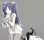  aperture_science_handheld_portal_device blush bracelet clannad closed_mouth cosplay crossover crossxaber grey_background hair_cubes hair_ornament hands_on_own_chest heart ichinose_kotomi jewelry leotard long_hair md5_mismatch parody portal portal_(series) pov purple_eyes purple_hair simple_background solo thighhighs two_side_up weighted_companion_cube 
