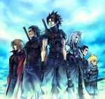  angeal_hewley aqua_background arms_at_sides bangs belt black_gloves black_hair black_neckwear black_pants black_shirt blonde_hair blue_sky bracer brown_hair clenched_hands closed_mouth cloud_strife coat crisis_core_final_fantasy_vii facial_hair feet_out_of_frame final_fantasy final_fantasy_vii frown genesis_rhapsodos gloves hair_slicked_back holding holding_sword holding_weapon long_hair long_sleeves looking_away male_focus matching_outfit multiple_belts multiple_boys necktie nomura_tetsuya official_art open_clothes open_coat pants parted_lips pauldrons profile red_coat scarf sephiroth shirt shirtless short_sleeves silver_hair sky sleeveless sleeveless_turtleneck smile standing stubble sword tseng turtleneck weapon weapon_on_back zack_fair 