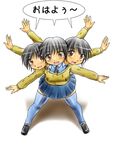  :d aor_saiun black_hair brown_eyes conjoined copyright_request multiple_arms multiple_heads open_mouth short_hair skirt smile solo thighhighs what zettai_ryouiki 