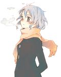  blue_eyes blue_hair breath buttons orange_scarf original scarf simple_background solo tobi_(daidaikukan) 