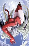  blue_eyes day feathers final_fantasy final_fantasy_tactics head_wings leotard red_leotard silver_hair sky solo sun thighhighs tsukumo ultima_(fft) wings 