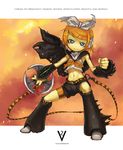  adapted_costume armor armored_boots backlighting bangs belt black_cape black_footwear black_shorts blonde_hair boots cape clenched_hand fighting_stance full_body hair_ribbon headset kagamine_rin kikai_(akita_morgue) knee_boots legs_apart looking_at_viewer navel neckerchief ribbon school_uniform serafuku short_hair shorts solo spikes standing stomach swept_bangs torn_cape torn_ribbon vocaloid weapon white_ribbon yellow_neckwear 