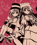  collar corset cross-laced_clothes dress hat layered_dress long_sleeves looking_at_viewer monochrome multiple_girls red red_background rozen_maiden siblings simple_background sisters souseiseki suiseiseki taira_tsukune top_hat twins 