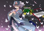 angeldust back back-to-back bug butterfly green_hair hat insect japanese_clothes kimono multiple_girls night petals pink_hair red_eyes ribbon rod_of_remorse saigyouji_yuyuko shiki_eiki short_hair touhou wide_sleeves wind 
