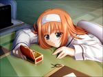  amakase_miharu blue_eyes blush da_capo da_capo_i desk game_cg long_sleeves miniature nanao_naru orange_hair school_uniform shirt short_hair sitting solo treasure_chest upper_body white_shirt 