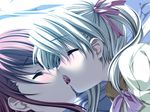  1girl bed blush close-up closed_eyes dutch_angle french_kiss from_above game_cg hair_ribbon hetero kiss koisuru_otome_to_shugo_no_tate long_hair lying on_side open_mouth otoko_no_ko pink_hair ribbon saliva school_uniform senomoto_hisashi shinjou_marina tongue twintails white_hair yamada_taeko 