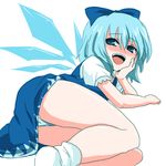  arm_support blue_eyes blue_hair blush bow cirno ica legs lying naughty_face on_side open_mouth panties pantyshot pantyshot_(lying) simple_background smile smug solo touhou underwear wings 
