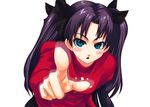  blush fate/stay_night fate_(series) green_eyes long_hair niwa_zen pointing solo sweater toosaka_rin two_side_up 