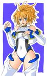  artist_request blonde_hair blue_eyes detached_sleeves excellen_browning long_hair ponytail smile solo super_robot_wars thighhighs 