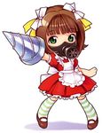  amami_haruka apron brown_hair drill green_eyes hair_ornament idolmaster idolmaster_(classic) idolmaster_1 maid maid_fairy_tale nekomata_naomi respirator solo striped striped_legwear thighhighs 