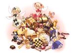  ^_^ blonde_hair candy candy_cane chocolate chocolate_bar closed_eyes eating fairy food gift heart holding_chocolate inuinu_(project_october) luna_child minigirl multiple_girls open_mouth star_sapphire sunny_milk touhou treasure_chest wings 