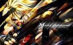  angry bardiche belt blonde_hair dutch_angle fate_testarossa fighting_stance fingerless_gloves gloves highres long_hair lyrical_nanoha magical_girl mahou_shoujo_lyrical_nanoha matsuno_canel merry_christmas motion_blur open_mouth red_eyes solo strap thighhighs wallpaper weapon 