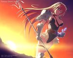  armor belt blonde_hair breasts cleavage crystal fantasy_earth_zero frills garters gauntlets green_eyes hairband large_breasts legs leotard long_hair outdoors polearm satofuji_masato solo sunset thighs wallpaper weapon 