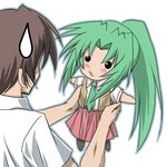  1girl blush brown_hair chibi green_hair green_neckwear higurashi_no_naku_koro_ni maebara_keiichi necktie o3o pin.x skirt sonozaki_mion 