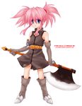  artist_request axe blue_eyes boots character_name elbow_gloves gloves holding holding_axe knee_boots knife pink_hair presea_combatir solo tales_of_(series) tales_of_symphonia twintails warrior weapon 
