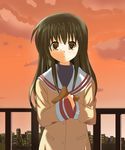  brown_eyes clannad evening green_hair hikarizaka_private_high_school_uniform ibuki_fuuko long_hair looking_at_viewer odayan orange_sky outdoors sailor_collar school_uniform serafuku sky sleeve_cuffs sleeves_past_wrists solo sunset upper_body 