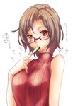  bare_shoulders blush brown_eyes brown_hair cucumber eating food glasses kawagoe_pochi looking_at_viewer meiko mouth_hold ribbed_sweater short_hair sleeveless sleeveless_turtleneck solo sweater translated turtleneck upper_body vocaloid 