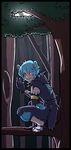  anthro blue_hair braid clothing forest hair luxray male night nintendo notlostwanderer pok&#233;mon pok&#233;morph pok&eacute;mon pok&eacute;morph ponytail red_sclera sandals sandles smile solo tree video_games wood yellow_eyes 