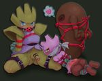  &lt;3 amber_eyes anthro ball_gag balls bdsm black_background blue_eyes blush bound brown_body butt clothed clothing eyes_closed gag group herm high_score_(artist) hitmonchan hitmonlee intersex kneeling looking_at_viewer looking_back lying male nintendo on_front pants pants_down penis pink_body plain_background pok&#233;mon pokemon pussy rope tears tyrogue video_games 
