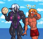  ball beach biceps big_breasts breasts bruise clothed clothing dark_elf demien drow elf female hair human humanoid male mammal muscles muscular_female pecs pointy_ears pussy seaside shorts skimpy stars translucent volleyball water what white_hair 