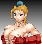  antenna_hair braid breast_squeeze breast_suppress breasts cammy_white cleavage collarbone elbow_gloves fingerless_gloves garrison_cap gloves hat highres large_breasts long_hair nude raised_eyebrow solo street_fighter tomliat twin_braids 