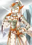  amber_eye amber_eyes anthro armor barioth belt cloth clothing fangs female gloves hair helmet ice long_hair looking_at_viewer monster_hunter pseudowyvern scalie skykain smile solo standing sword video_games weapon wings wyvern 