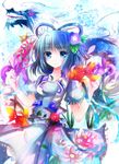  absurdres azumamutuki bad_id bad_pixiv_id blue_eyes blue_hair blush dragon dress fish flower hair_flower hair_ornament hair_rings hair_stick highres kaku_seiga short_hair solo touhou vest 