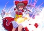  adapted_costume asamura_hiori aura bow brown_hair detached_collar detached_sleeves glowing glowing_eyes glowing_weapon gohei hair_bow hair_tubes hakurei_reimu ofuda open_mouth red_eyes skirt smile solo touhou weapon 