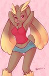  2009 blush breasts cleavage clothing female lagomorph looking_at_viewer lopunny navel panties panty_shot pink_background plain_background pok&eacute;mon rabbit shirt smile solo spazzykoneko tank_top underwear 