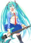  absurdres ahoge appleruby aqua_eyes aqua_hair bad_id bad_pixiv_id belt character_name electric_guitar guitar hair_ribbon hatsune_miku highres instrument long_hair necktie open_mouth plectrum ribbon skirt solo thighhighs transparent_background twintails very_long_hair vocaloid 