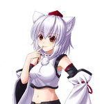  absurdres animal_ears armpits breasts chien_zero detached_sleeves finger_to_mouth hat highres inubashiri_momiji lips medium_breasts midriff navel red_eyes sarashi short_hair silver_hair smile solo tokin_hat touhou transparent_background upper_body wide_sleeves wolf_ears 