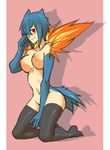  anthro blush breasts capribebe female fire hair kneeling legwear looking_at_viewer navel nintendo nipples pink_background plain_background pok&#233;mon pok&#233;morph pok&eacute;mon pok&eacute;morph red_eyes short_hair smile solo stockings typhlosion video_games 