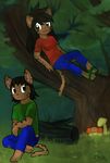  chibitracy clothing eye_contact feline female forest hair invalid_tag male mammal mushroom patrickgainher regina_kukklitaat_santkitankni sandals saskatoon_ikunuvik_santkitankni sibling siblings sister sitting smile tiger tree wood 