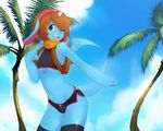  blue_skin brown_hair bulge clothed clothing cloud clouds collar devin_(onta) dragon equine girly green_eyes hair headband horn hybrid legwear male mammal nedoiko palm_tree palm_trees shirt shorts skimpy sky solo stockings unicorn unigan wings 