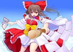  adapted_costume asamura_hiori bow brown_hair detached_collar detached_sleeves gohei hair_bow hair_tubes hakurei_reimu ofuda open_mouth red_eyes skirt smile solo touhou 