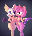  amy_rose anthro bat black_nose blue_eyes bracelet breast_squish breasts dildo duo female green_eyes hair headband hedgehog invalid_tag jewelry lips makeup mammal navel nipples nitro nude pink pink_body pink_hair pussy rouge_the_bat sega sex_toy short_hair smile sonic_(series) standing thighs voluptuous white wide_hips wings 