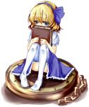  a_c_for_p alice_margatroid alice_margatroid_(pc-98) blonde_hair blue_eyes blue_hairband blush book bow hair_bow hair_ornament hair_ribbon hairband holding holding_book pocket_watch ribbon short_hair sitting skirt solo suspenders thighhighs touhou touhou_(pc-98) watch white_legwear 