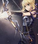  adapted_costume aiming arrow artoria_pendragon_(all) belt blonde_hair bow_(weapon) drawing_bow fate/stay_night fate_(series) girdle green_eyes holding holding_arrow holding_bow_(weapon) holding_weapon non-web_source outstretched_arm ribbon rynn_(seibu) saber solo weapon what_if 
