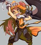  anchor brown_eyes brown_hair fang fingerless_gloves gloves guilty_gear hat long_hair may_(guilty_gear) orange_hat orange_shirt pantyhose pirate_hat shirt skull_and_crossbones solo ysk! 